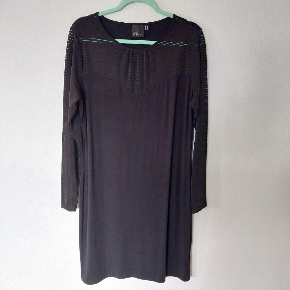 Asos Curve Black Long Sleeve Jersey Knit and Mesh Stripe Midi Dress